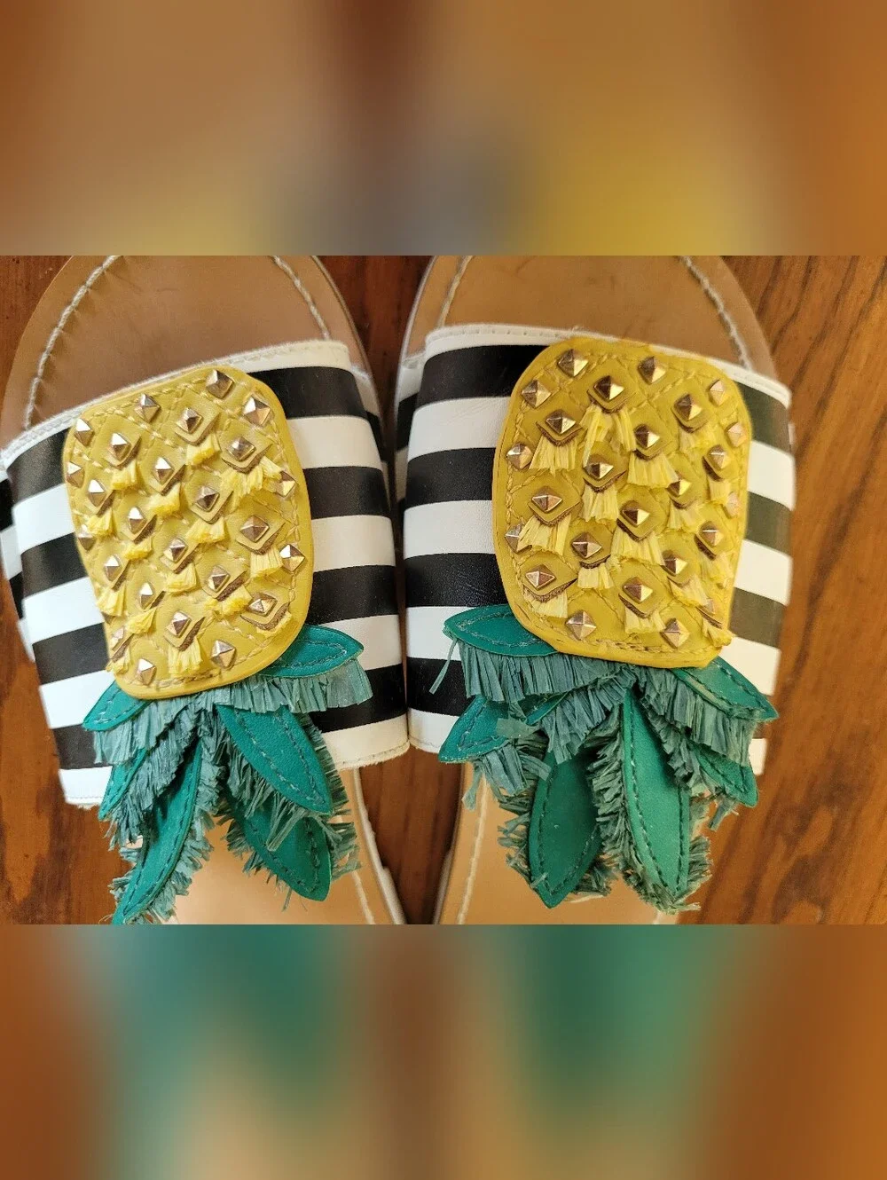Kate Spade Pineapple Slide Sandals Women’s 8.5 Black White Striped Vacation Wear